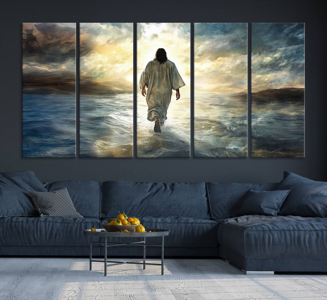 The Jesus Walking on Water Wall Art, a captivating triptych canvas print, showcases a person walking on water beneath dramatic clouds. This ready-to-hang piece seamlessly combines faith and style for your Christian home decor.