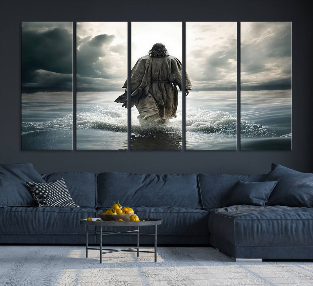 The Jesus Walking on Water Wall Art beautifully depicts a robed figure amidst clouds. This ready-to-hang canvas print enhances any space with its Christian motif, adding a touch of religious elegance and inspiration.