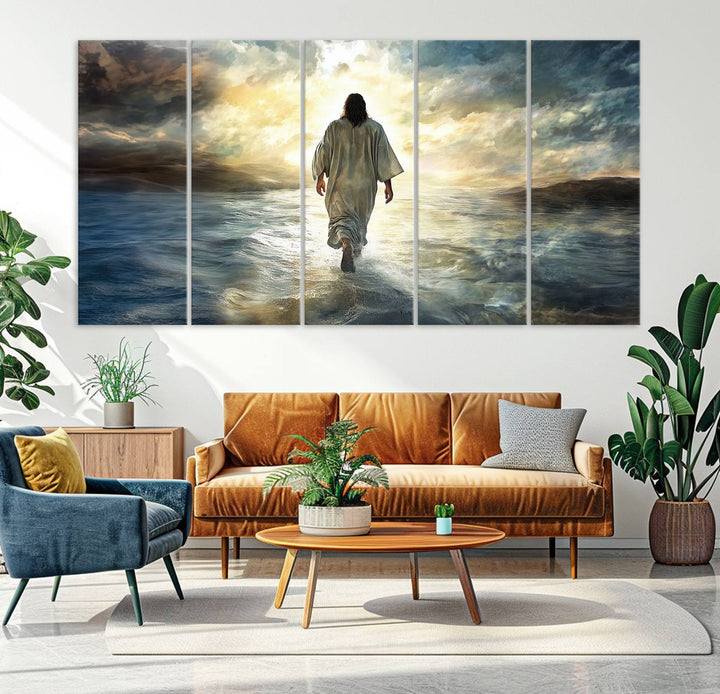 The Jesus Walking on Water Wall Art, a captivating triptych canvas print, showcases a person walking on water beneath dramatic clouds. This ready-to-hang piece seamlessly combines faith and style for your Christian home decor.