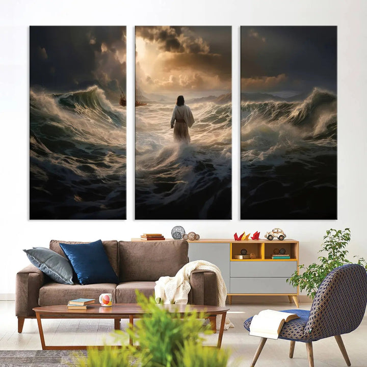 The Jesus Walking on Water Wall Art Canvas Print, a triptych mural featuring Jesus traversing turbulent waves with a distant boat under a dramatic sky, embodies spiritual art and religious decor. It inspires reflection and tranquility in the space.