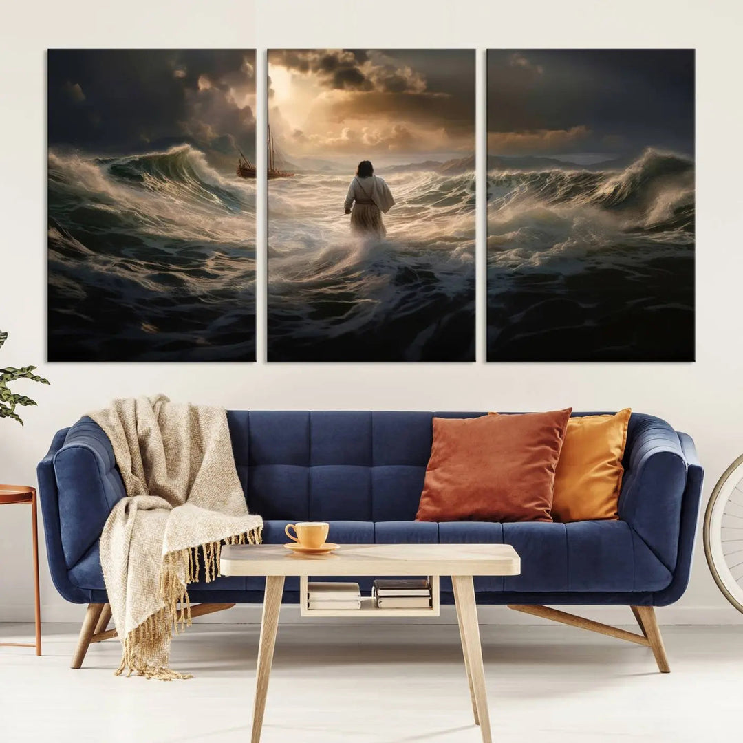 The Jesus Walking on Water Wall Art Canvas Print, a triptych mural featuring Jesus traversing turbulent waves with a distant boat under a dramatic sky, embodies spiritual art and religious decor. It inspires reflection and tranquility in the space.