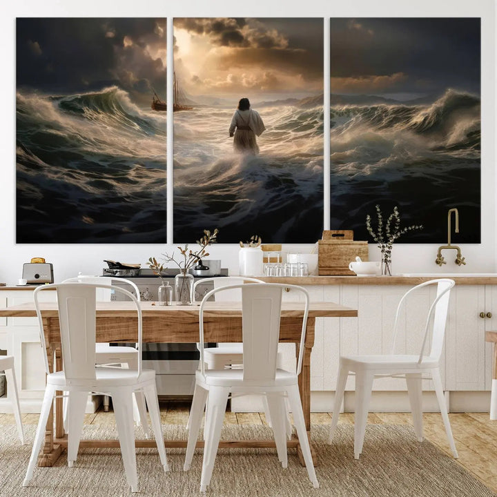 The Jesus Walking on Water Wall Art Canvas Print, a triptych mural featuring Jesus traversing turbulent waves with a distant boat under a dramatic sky, embodies spiritual art and religious decor. It inspires reflection and tranquility in the space.