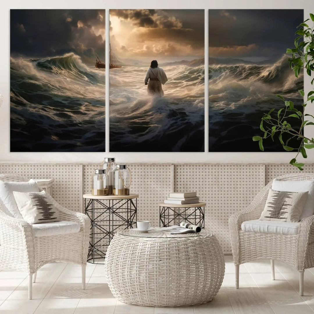 The Jesus Walking on Water Wall Art Canvas Print, a triptych mural featuring Jesus traversing turbulent waves with a distant boat under a dramatic sky, embodies spiritual art and religious decor. It inspires reflection and tranquility in the space.