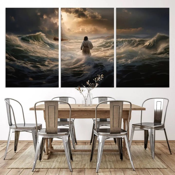 The Jesus Walking on Water Wall Art Canvas Print, a triptych mural featuring Jesus traversing turbulent waves with a distant boat under a dramatic sky, embodies spiritual art and religious decor. It inspires reflection and tranquility in the space.