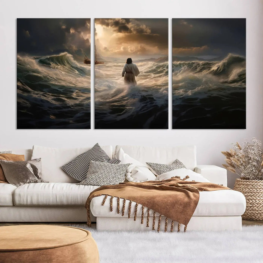 The Jesus Walking on Water Wall Art Canvas Print, a triptych mural featuring Jesus traversing turbulent waves with a distant boat under a dramatic sky, embodies spiritual art and religious decor. It inspires reflection and tranquility in the space.