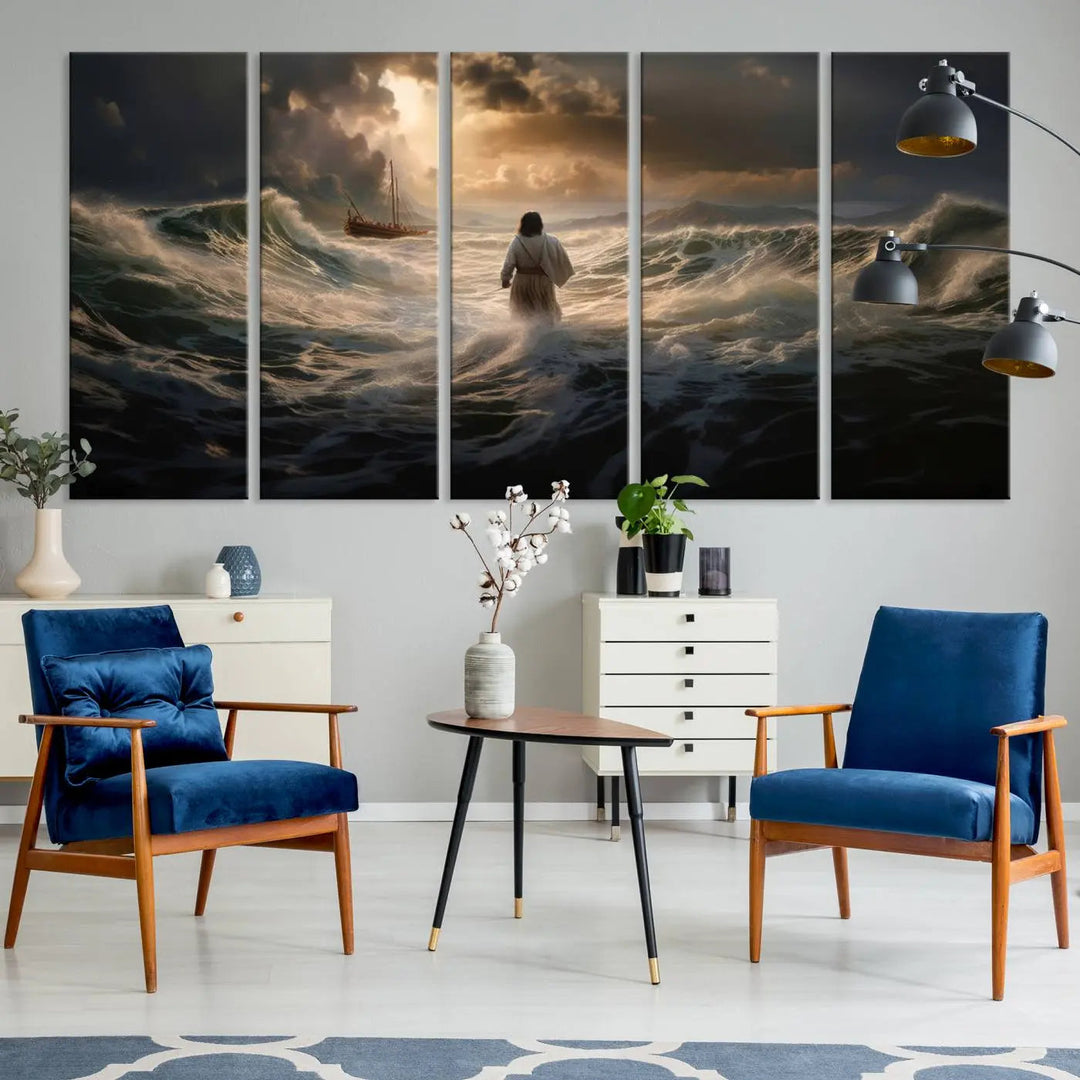 The Jesus Walking on Water Wall Art Canvas Print, a triptych mural featuring Jesus traversing turbulent waves with a distant boat under a dramatic sky, embodies spiritual art and religious decor. It inspires reflection and tranquility in the space.