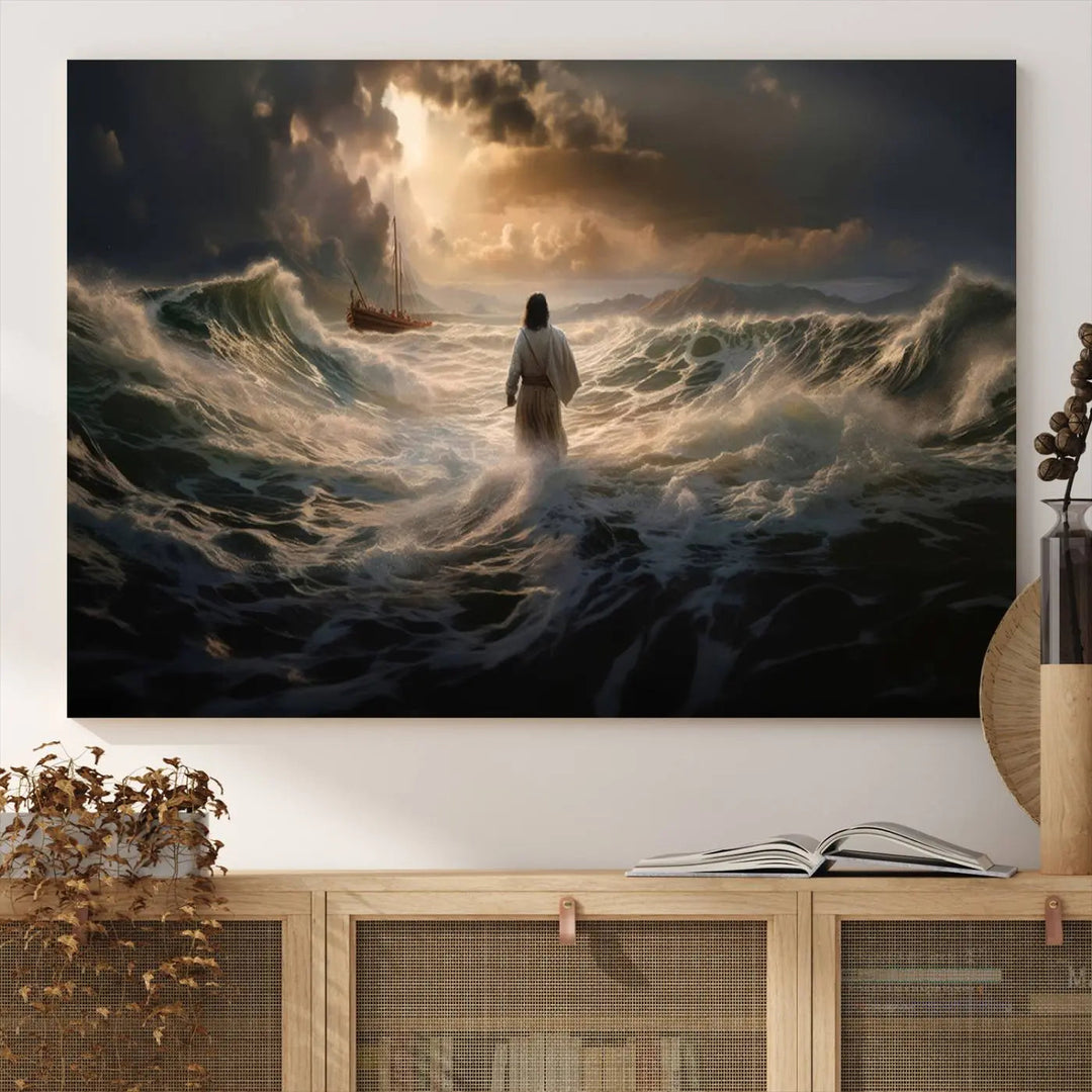 The Jesus Walking on Water Wall Art Canvas Print, a triptych mural featuring Jesus traversing turbulent waves with a distant boat under a dramatic sky, embodies spiritual art and religious decor. It inspires reflection and tranquility in the space.