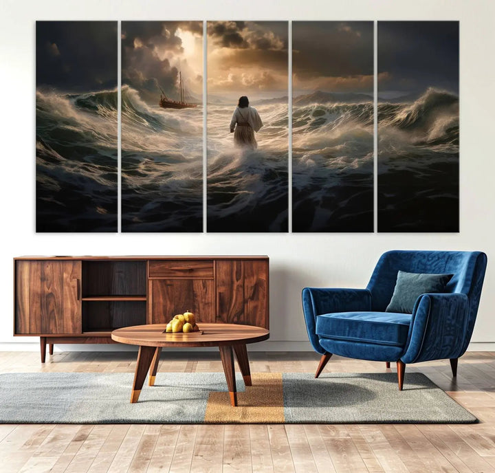 The Jesus Walking on Water Wall Art Canvas Print, a triptych mural featuring Jesus traversing turbulent waves with a distant boat under a dramatic sky, embodies spiritual art and religious decor. It inspires reflection and tranquility in the space.