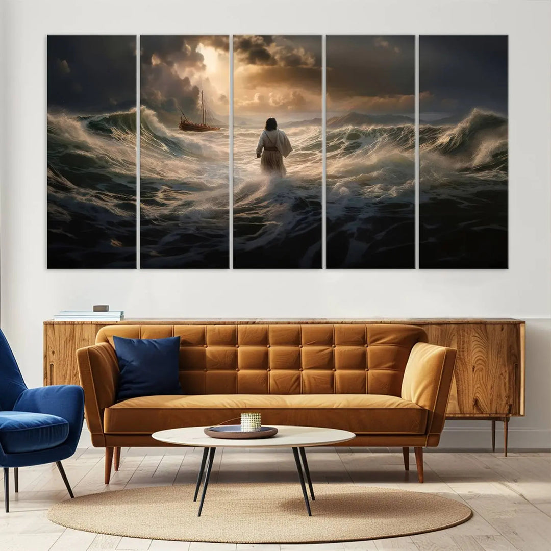 The Jesus Walking on Water Wall Art Canvas Print, a triptych mural featuring Jesus traversing turbulent waves with a distant boat under a dramatic sky, embodies spiritual art and religious decor. It inspires reflection and tranquility in the space.