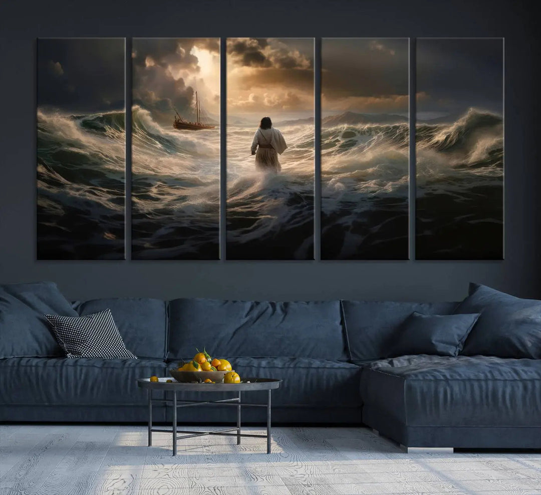 The Jesus Walking on Water Wall Art Canvas Print, a triptych mural featuring Jesus traversing turbulent waves with a distant boat under a dramatic sky, embodies spiritual art and religious decor. It inspires reflection and tranquility in the space.