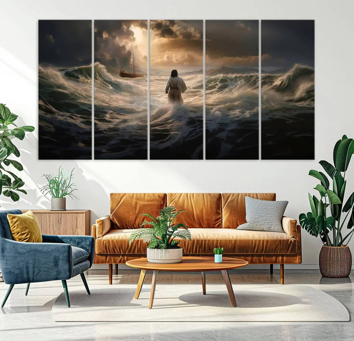 The Jesus Walking on Water Wall Art Canvas Print, a triptych mural featuring Jesus traversing turbulent waves with a distant boat under a dramatic sky, embodies spiritual art and religious decor. It inspires reflection and tranquility in the space.