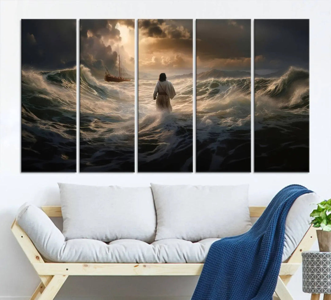 The Jesus Walking on Water Wall Art Canvas Print, a triptych mural featuring Jesus traversing turbulent waves with a distant boat under a dramatic sky, embodies spiritual art and religious decor. It inspires reflection and tranquility in the space.