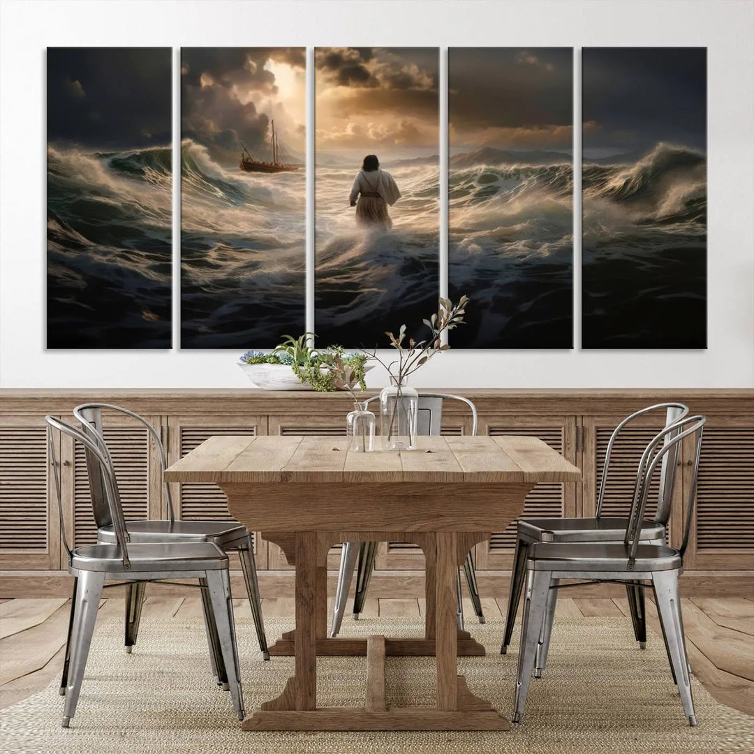 The Jesus Walking on Water Wall Art Canvas Print, a triptych mural featuring Jesus traversing turbulent waves with a distant boat under a dramatic sky, embodies spiritual art and religious decor. It inspires reflection and tranquility in the space.