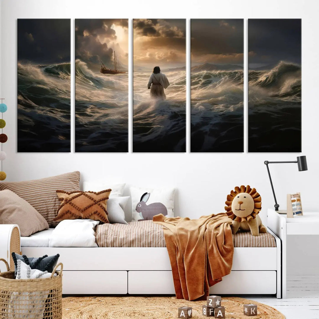 The Jesus Walking on Water Wall Art Canvas Print, a triptych mural featuring Jesus traversing turbulent waves with a distant boat under a dramatic sky, embodies spiritual art and religious decor. It inspires reflection and tranquility in the space.