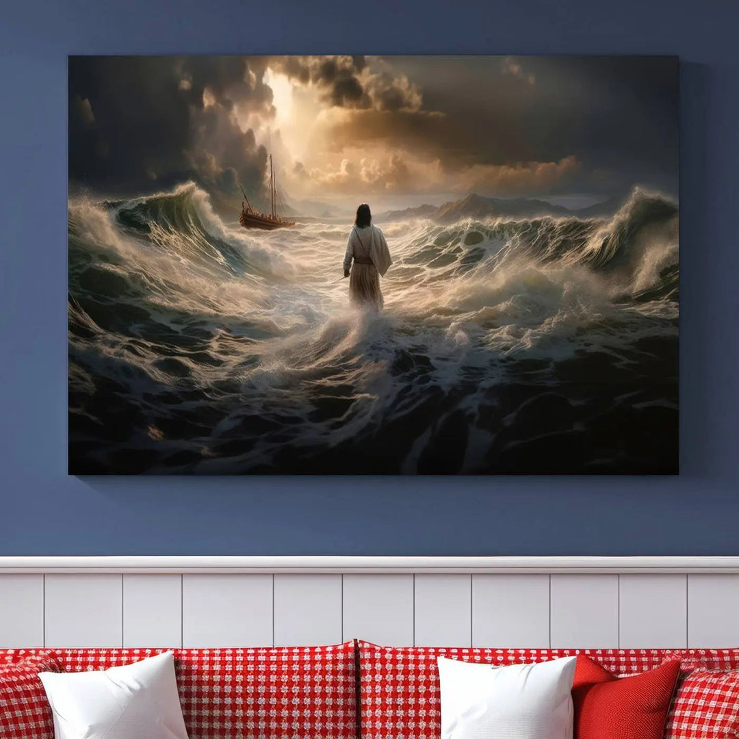 The Jesus Walking on Water Wall Art Canvas Print, a triptych mural featuring Jesus traversing turbulent waves with a distant boat under a dramatic sky, embodies spiritual art and religious decor. It inspires reflection and tranquility in the space.