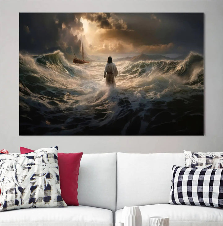 The Jesus Walking on Water Wall Art Canvas Print, a triptych mural featuring Jesus traversing turbulent waves with a distant boat under a dramatic sky, embodies spiritual art and religious decor. It inspires reflection and tranquility in the space.