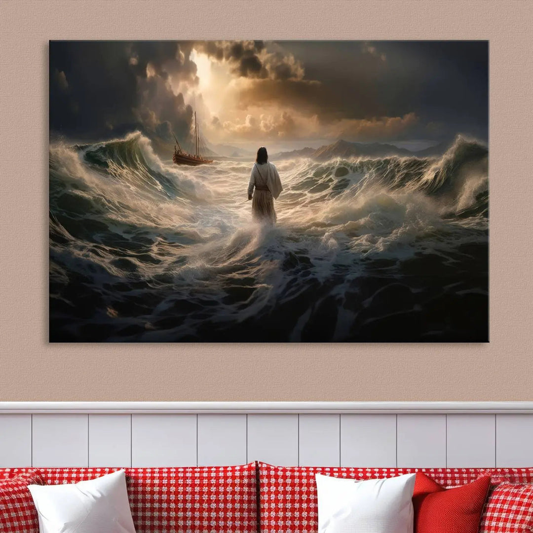 The Jesus Walking on Water Wall Art Canvas Print, a triptych mural featuring Jesus traversing turbulent waves with a distant boat under a dramatic sky, embodies spiritual art and religious decor. It inspires reflection and tranquility in the space.