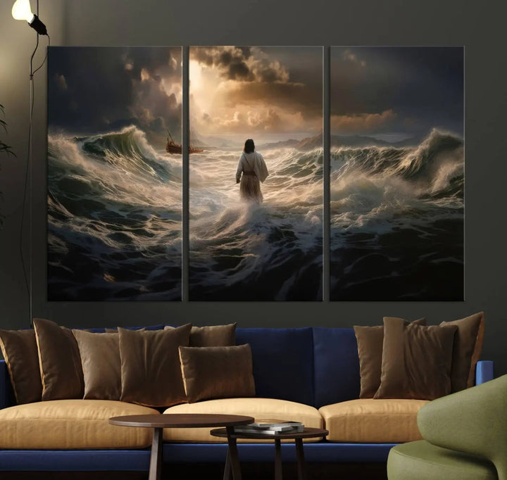 The Jesus Walking on Water Wall Art Canvas Print, a triptych mural featuring Jesus traversing turbulent waves with a distant boat under a dramatic sky, embodies spiritual art and religious decor. It inspires reflection and tranquility in the space.