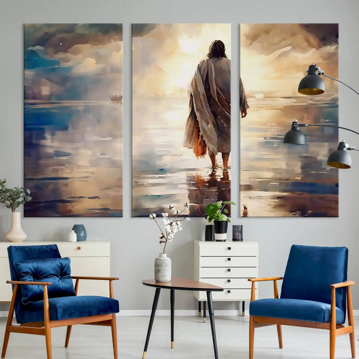 This Jesus Walking on Water Wall Art, a ready-to-hang spiritual triptych canvas print, captures the image of a person walking on water with a boat afar under a dramatic, cloudy sky. This inspirational Christian decor evokes deep contemplation.