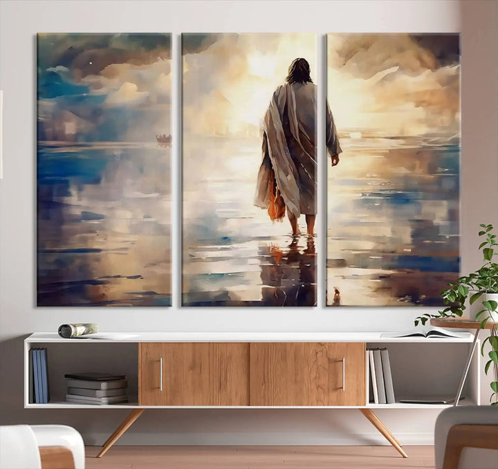 This Jesus Walking on Water Wall Art, a ready-to-hang spiritual triptych canvas print, captures the image of a person walking on water with a boat afar under a dramatic, cloudy sky. This inspirational Christian decor evokes deep contemplation.