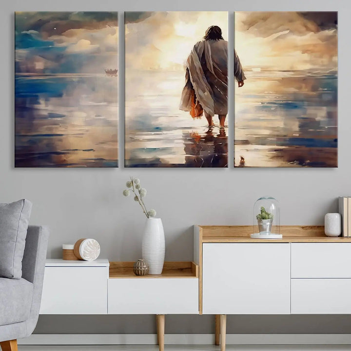 This Jesus Walking on Water Wall Art, a ready-to-hang spiritual triptych canvas print, captures the image of a person walking on water with a boat afar under a dramatic, cloudy sky. This inspirational Christian decor evokes deep contemplation.