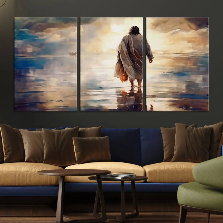 This Jesus Walking on Water Wall Art, a ready-to-hang spiritual triptych canvas print, captures the image of a person walking on water with a boat afar under a dramatic, cloudy sky. This inspirational Christian decor evokes deep contemplation.