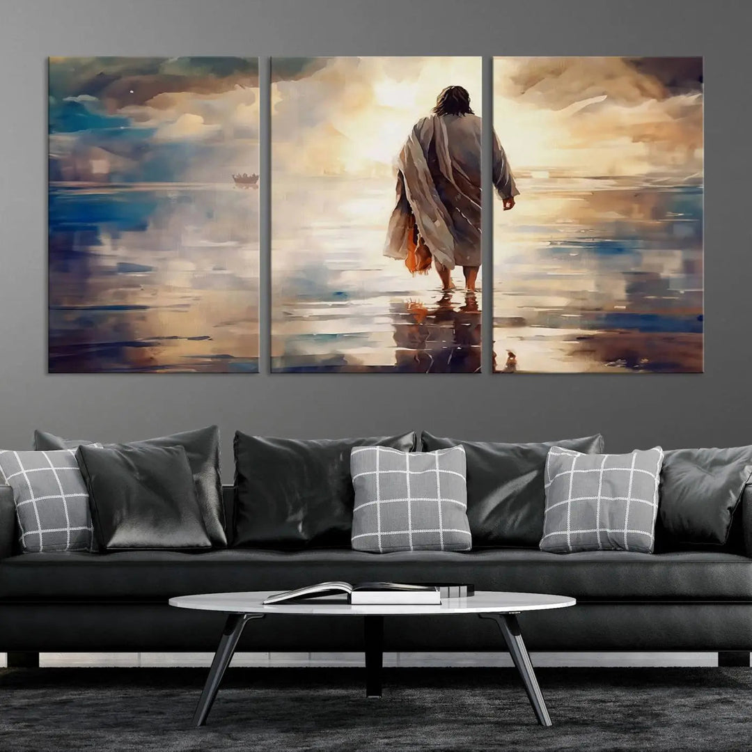 This Jesus Walking on Water Wall Art, a ready-to-hang spiritual triptych canvas print, captures the image of a person walking on water with a boat afar under a dramatic, cloudy sky. This inspirational Christian decor evokes deep contemplation.