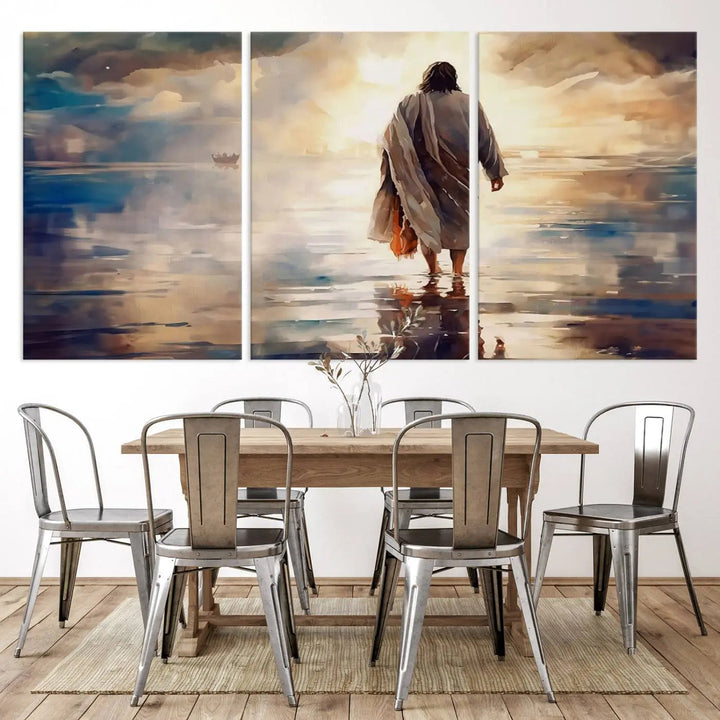 This Jesus Walking on Water Wall Art, a ready-to-hang spiritual triptych canvas print, captures the image of a person walking on water with a boat afar under a dramatic, cloudy sky. This inspirational Christian decor evokes deep contemplation.