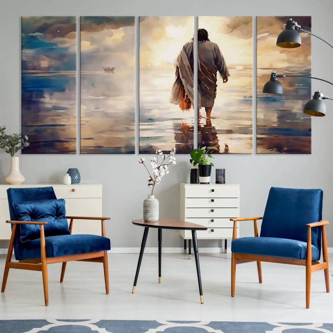 This Jesus Walking on Water Wall Art, a ready-to-hang spiritual triptych canvas print, captures the image of a person walking on water with a boat afar under a dramatic, cloudy sky. This inspirational Christian decor evokes deep contemplation.