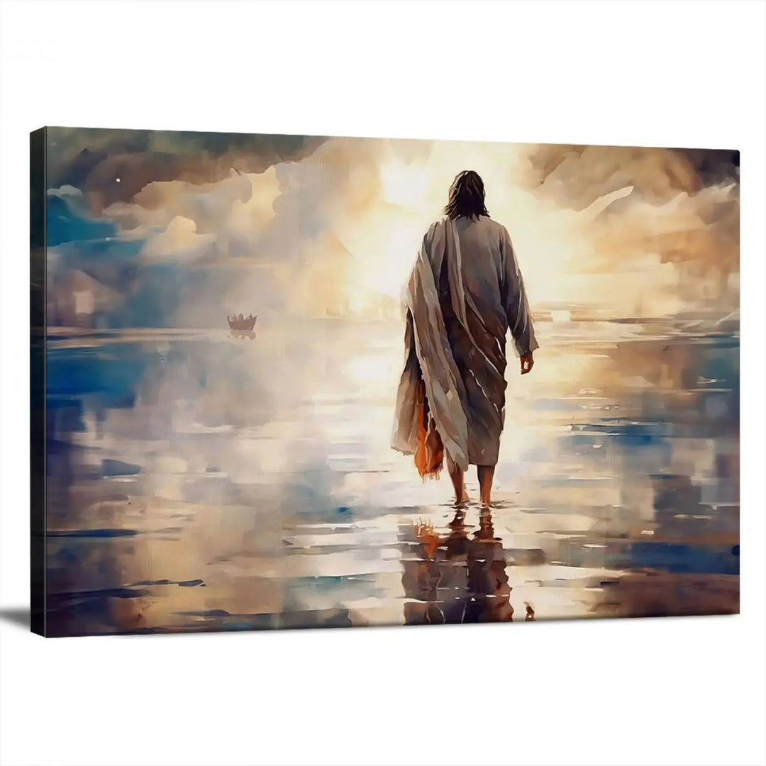 This Jesus Walking on Water Wall Art, a ready-to-hang spiritual triptych canvas print, captures the image of a person walking on water with a boat afar under a dramatic, cloudy sky. This inspirational Christian decor evokes deep contemplation.