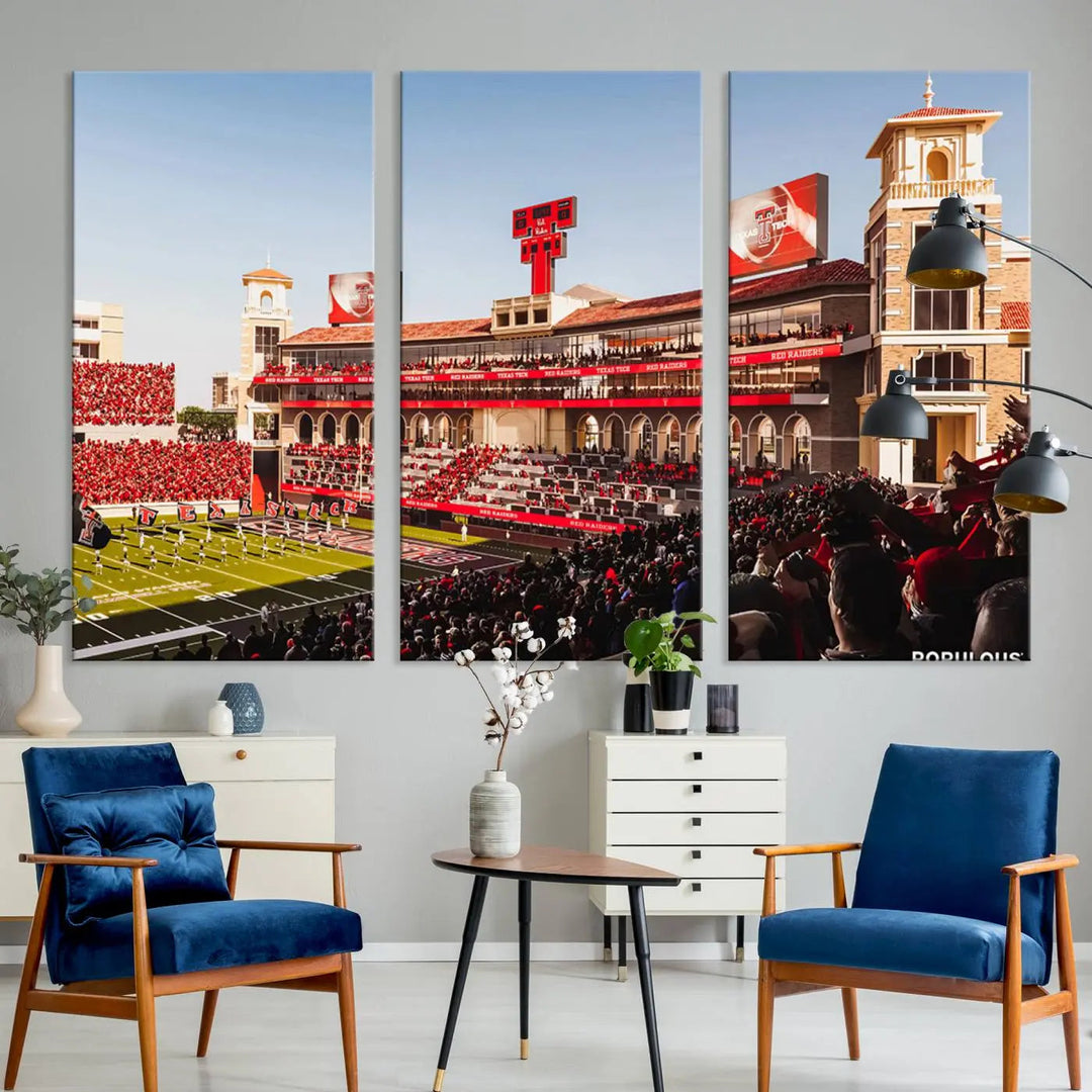 A 3-panel large canvas print of the Jones AT&T Stadium, showcasing vibrant Texas Tech Red Raiders fans in red and white, is elegantly displayed.