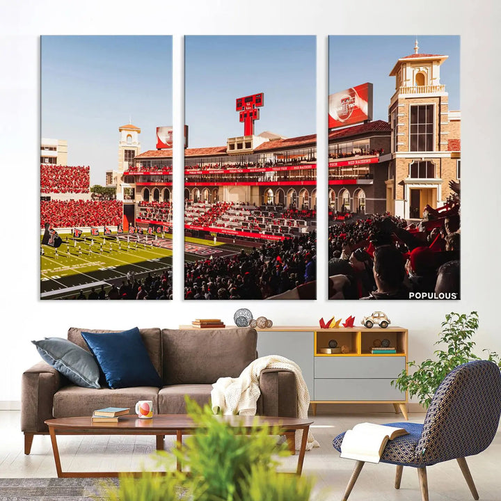 A 3-panel large canvas print of the Jones AT&T Stadium, showcasing vibrant Texas Tech Red Raiders fans in red and white, is elegantly displayed.