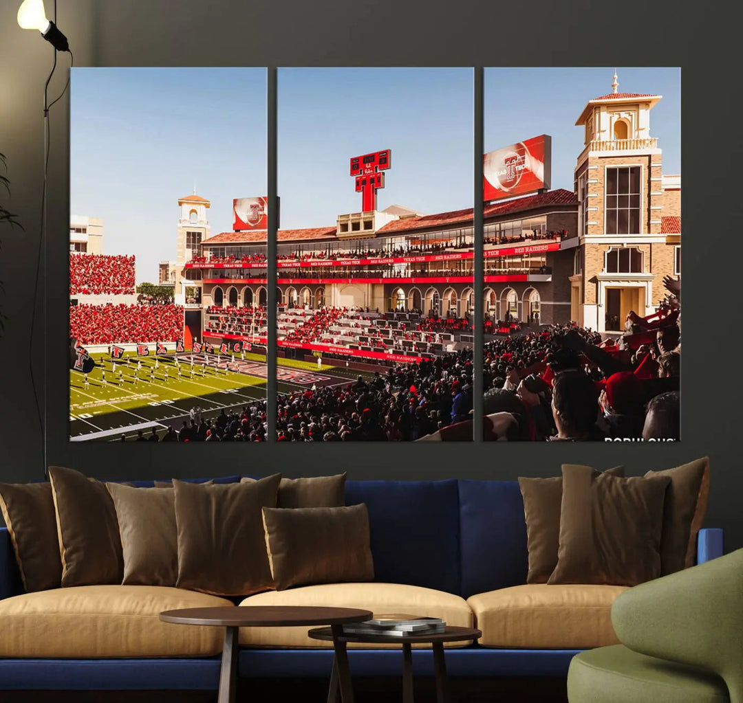 A 3-panel large canvas print of the Jones AT&T Stadium, showcasing vibrant Texas Tech Red Raiders fans in red and white, is elegantly displayed.