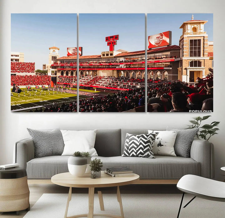 A 3-panel large canvas print of the Jones AT&T Stadium, showcasing vibrant Texas Tech Red Raiders fans in red and white, is elegantly displayed.