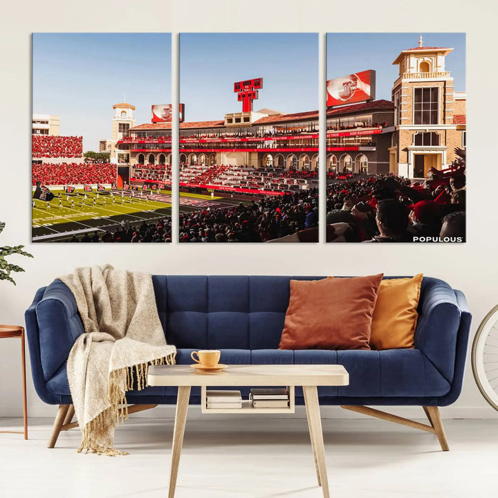 A 3-panel large canvas print of the Jones AT&T Stadium, showcasing vibrant Texas Tech Red Raiders fans in red and white, is elegantly displayed.