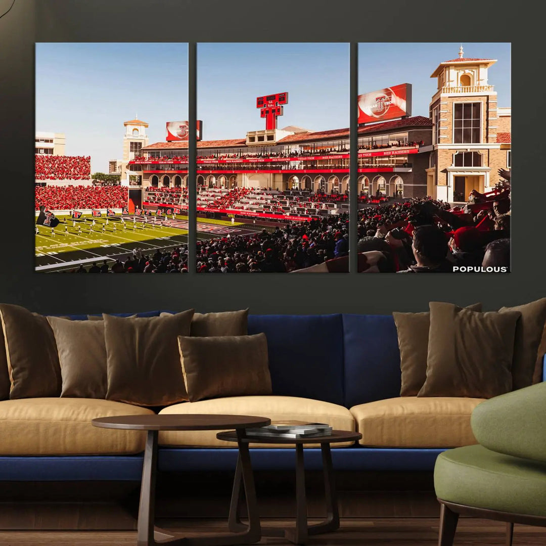 A 3-panel large canvas print of the Jones AT&T Stadium, showcasing vibrant Texas Tech Red Raiders fans in red and white, is elegantly displayed.