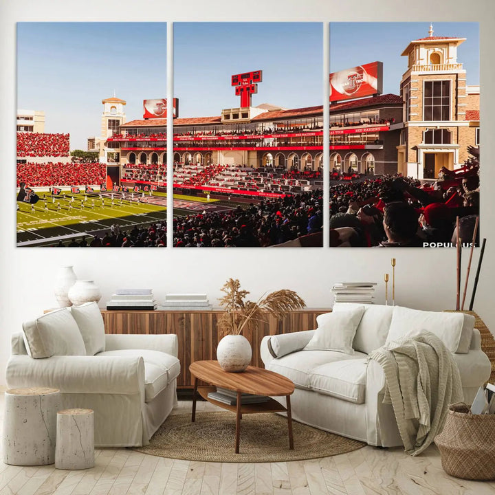 A 3-panel large canvas print of the Jones AT&T Stadium, showcasing vibrant Texas Tech Red Raiders fans in red and white, is elegantly displayed.