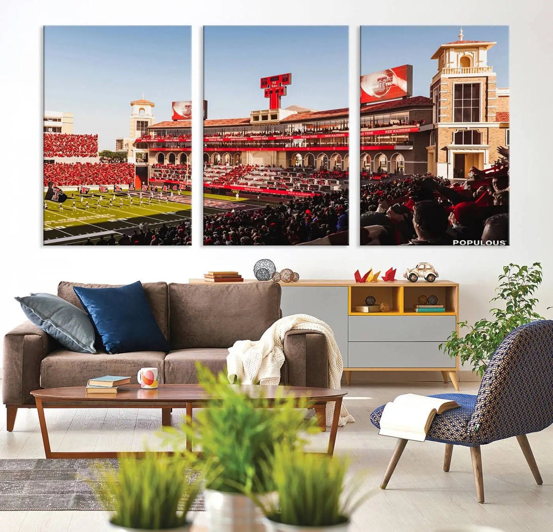 A 3-panel large canvas print of the Jones AT&T Stadium, showcasing vibrant Texas Tech Red Raiders fans in red and white, is elegantly displayed.