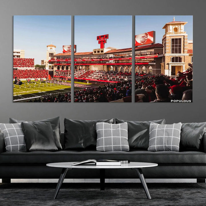 A 3-panel large canvas print of the Jones AT&T Stadium, showcasing vibrant Texas Tech Red Raiders fans in red and white, is elegantly displayed.