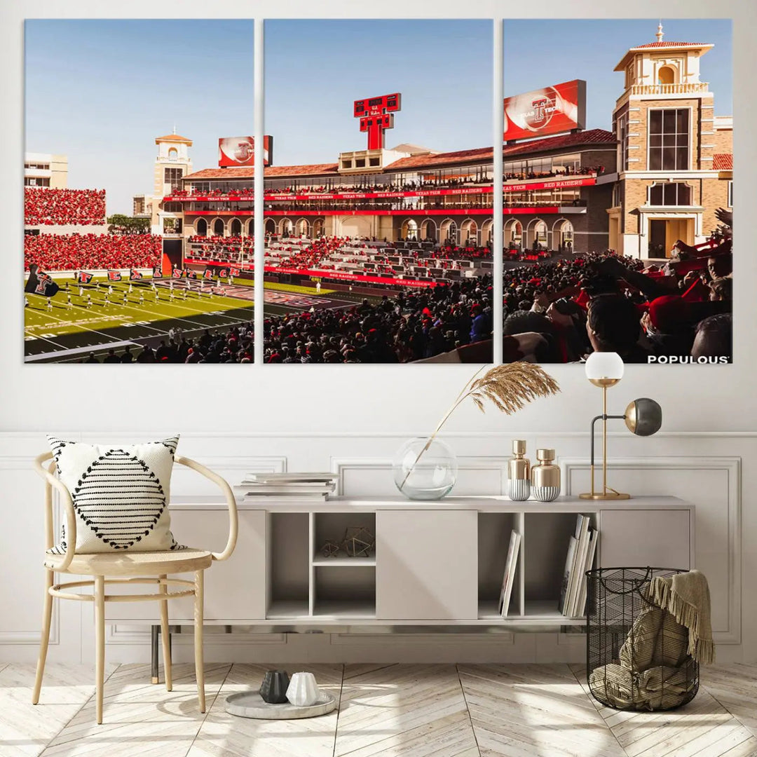 A 3-panel large canvas print of the Jones AT&T Stadium, showcasing vibrant Texas Tech Red Raiders fans in red and white, is elegantly displayed.