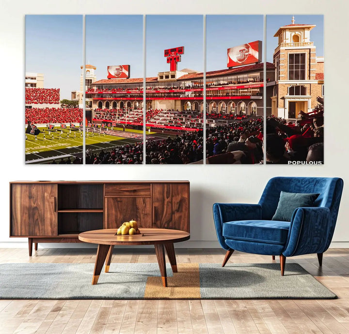 A 3-panel large canvas print of the Jones AT&T Stadium, showcasing vibrant Texas Tech Red Raiders fans in red and white, is elegantly displayed.