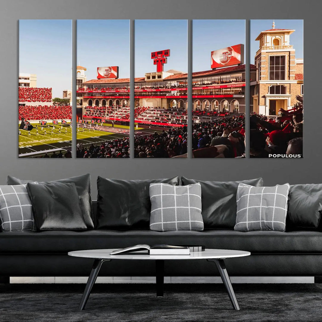 A 3-panel large canvas print of the Jones AT&T Stadium, showcasing vibrant Texas Tech Red Raiders fans in red and white, is elegantly displayed.