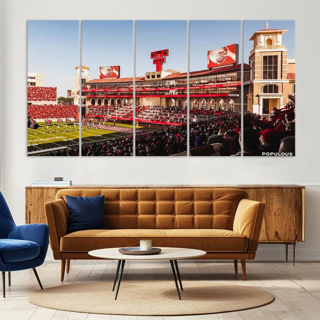 A 3-panel large canvas print of the Jones AT&T Stadium, showcasing vibrant Texas Tech Red Raiders fans in red and white, is elegantly displayed.