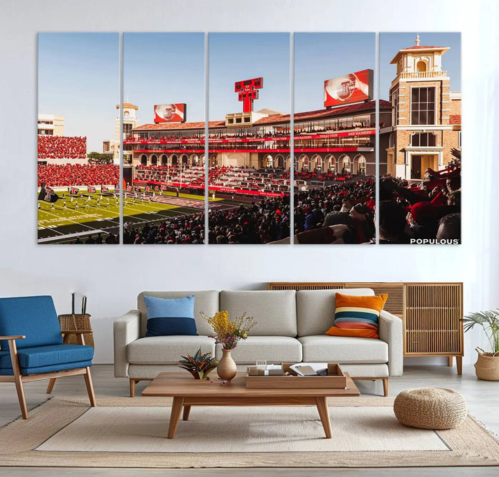 A 3-panel large canvas print of the Jones AT&T Stadium, showcasing vibrant Texas Tech Red Raiders fans in red and white, is elegantly displayed.