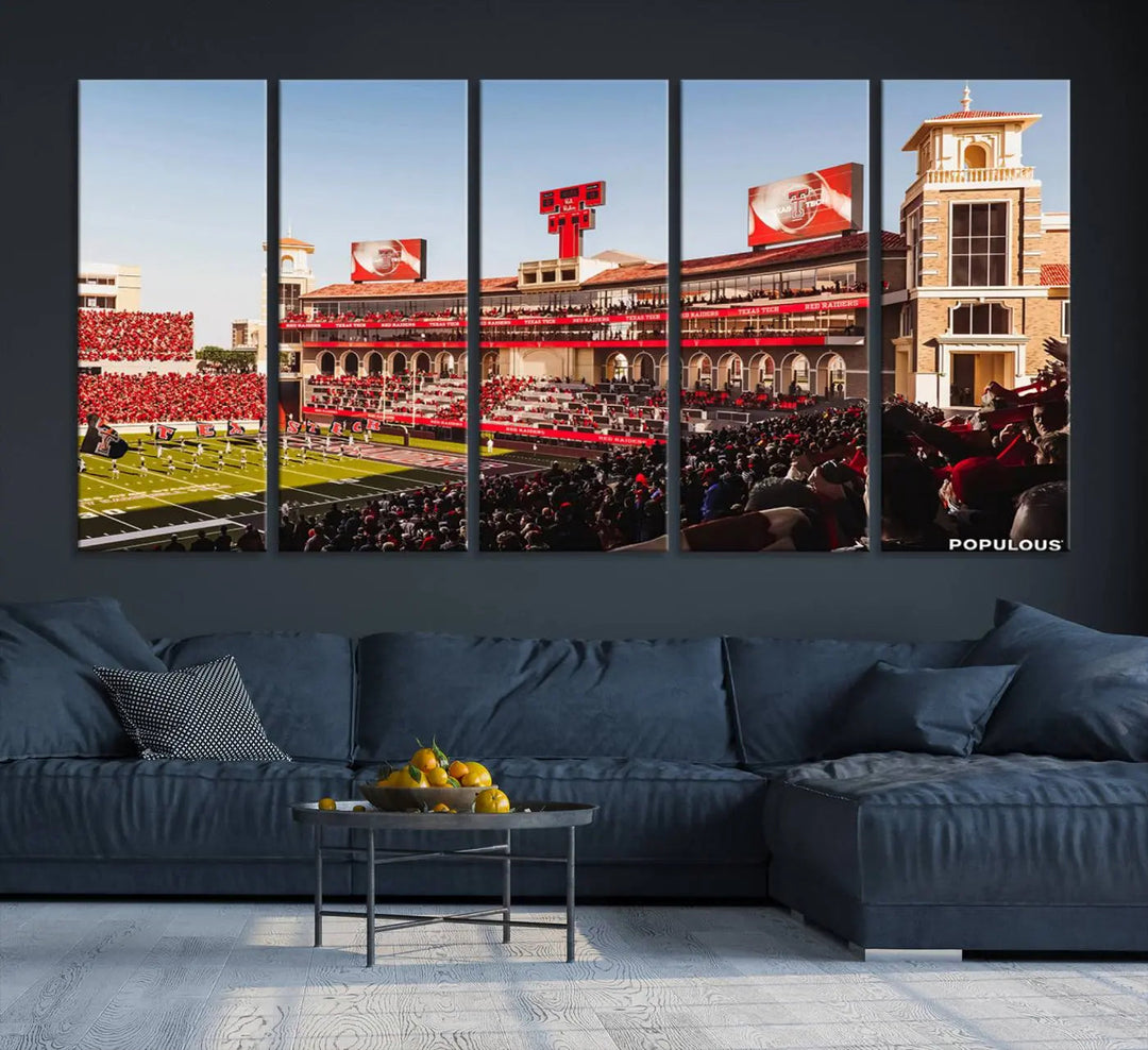 A 3-panel large canvas print of the Jones AT&T Stadium, showcasing vibrant Texas Tech Red Raiders fans in red and white, is elegantly displayed.