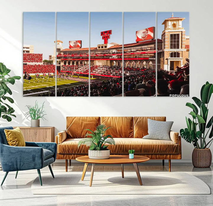 A 3-panel large canvas print of the Jones AT&T Stadium, showcasing vibrant Texas Tech Red Raiders fans in red and white, is elegantly displayed.