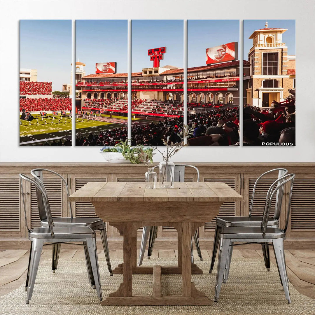 A 3-panel large canvas print of the Jones AT&T Stadium, showcasing vibrant Texas Tech Red Raiders fans in red and white, is elegantly displayed.