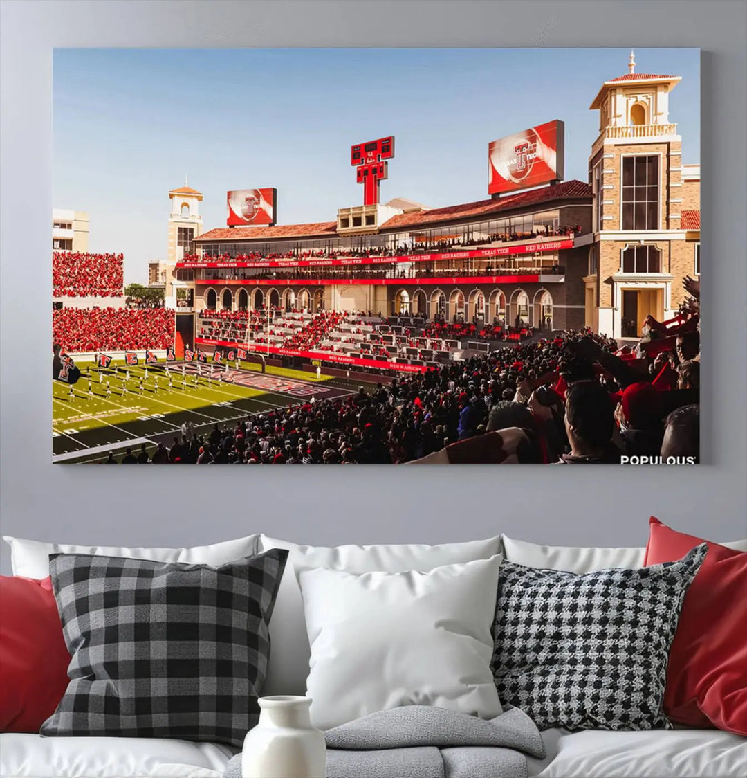 A 3-panel large canvas print of the Jones AT&T Stadium, showcasing vibrant Texas Tech Red Raiders fans in red and white, is elegantly displayed.