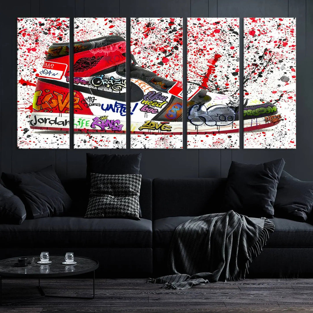 A large triptych mural titled "Jordan Shoes Graffiti Wall Art Canvas Print - Jordan Graffiti Canvas Wall Art" features images of Jordan Shoes against a splattered paint background that resembles graffiti, making it an ideal choice for sneakerheads and urban art lovers.