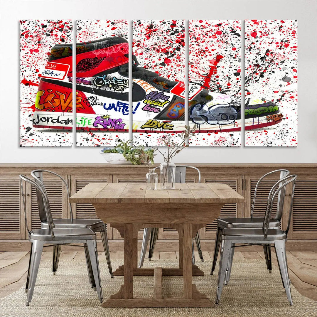 A large triptych mural titled "Jordan Shoes Graffiti Wall Art Canvas Print - Jordan Graffiti Canvas Wall Art" features images of Jordan Shoes against a splattered paint background that resembles graffiti, making it an ideal choice for sneakerheads and urban art lovers.